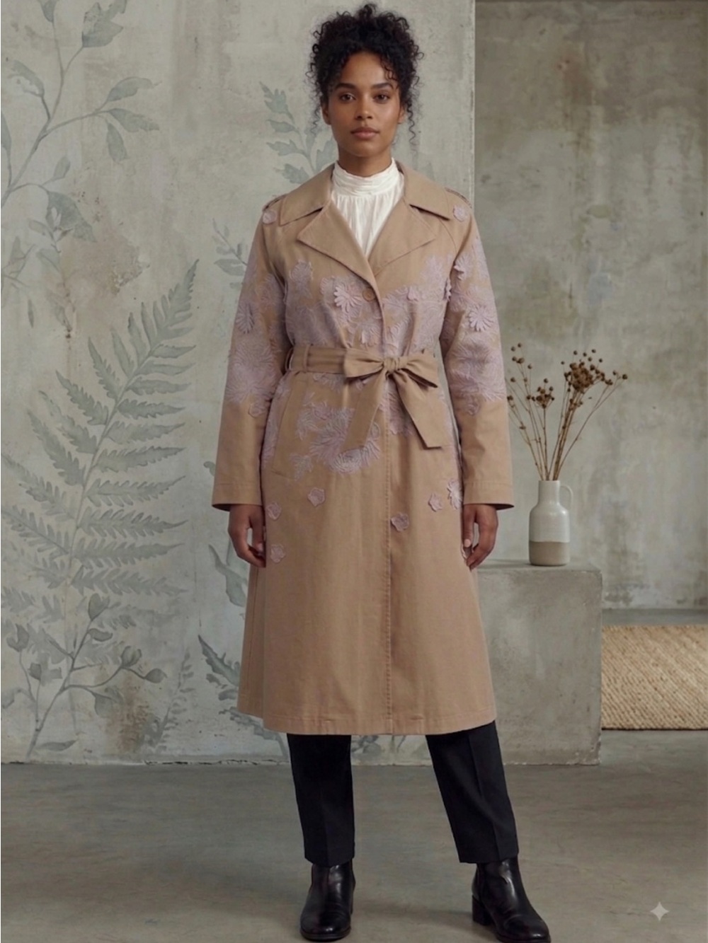 NWT Anthropologie Beige Trench Coat with Lilac Floral Appliqué
